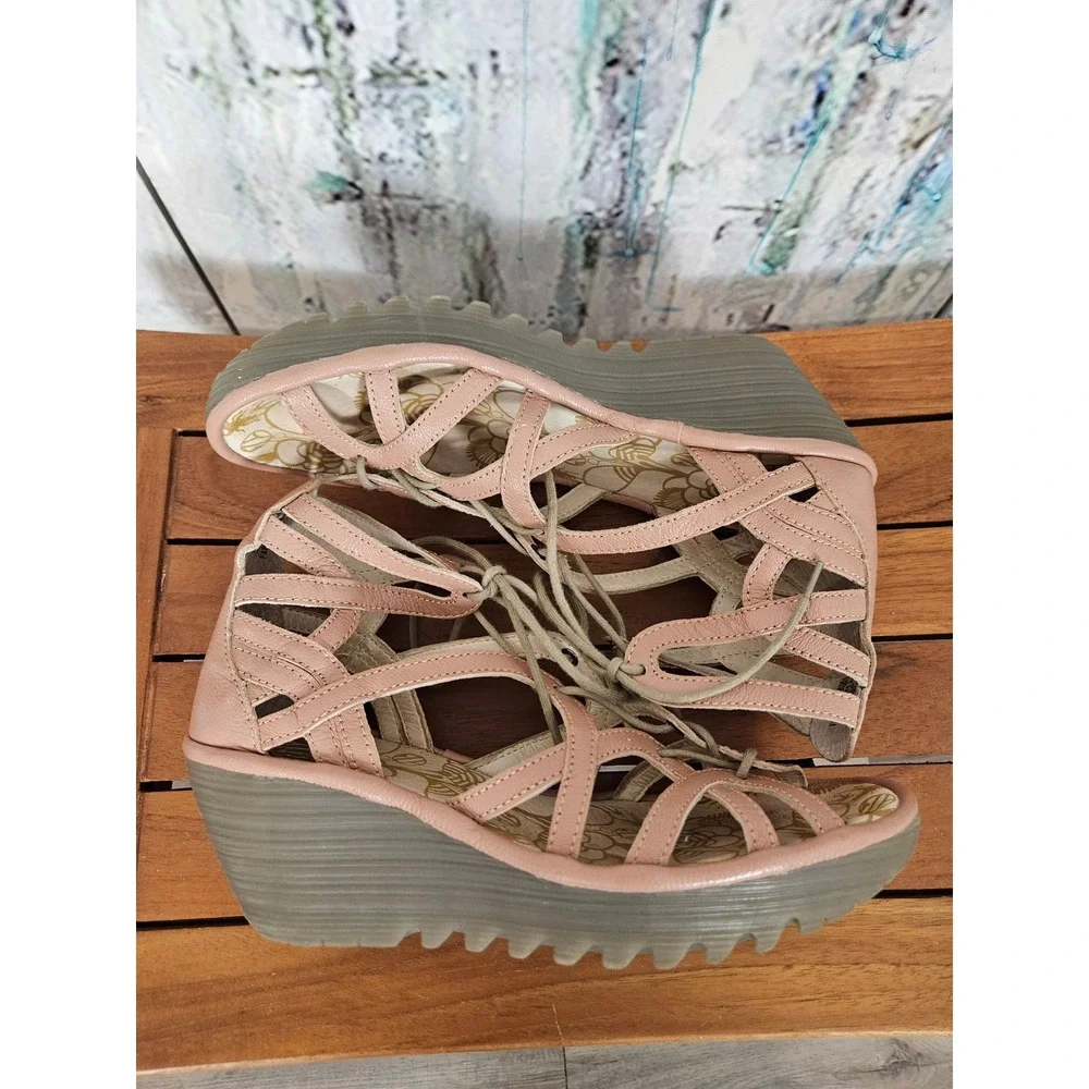 Fly London Wedge Sandals 39 Pink Leather Strappy Lace Up Gladiator Platform